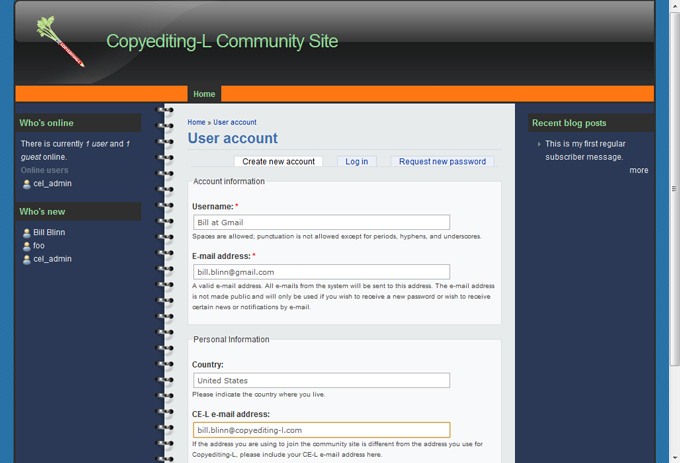 User name and e-mail are required