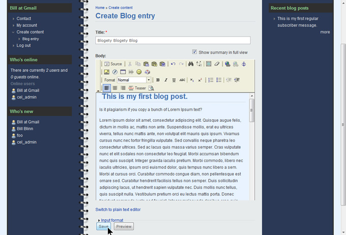 Creating a blog entry.